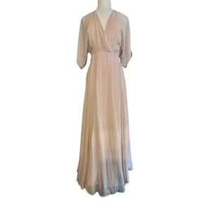 Aakaa Metallic Stripe Wrap Maxi Dress Beige Flutter Sleeve V Neck Small New Year